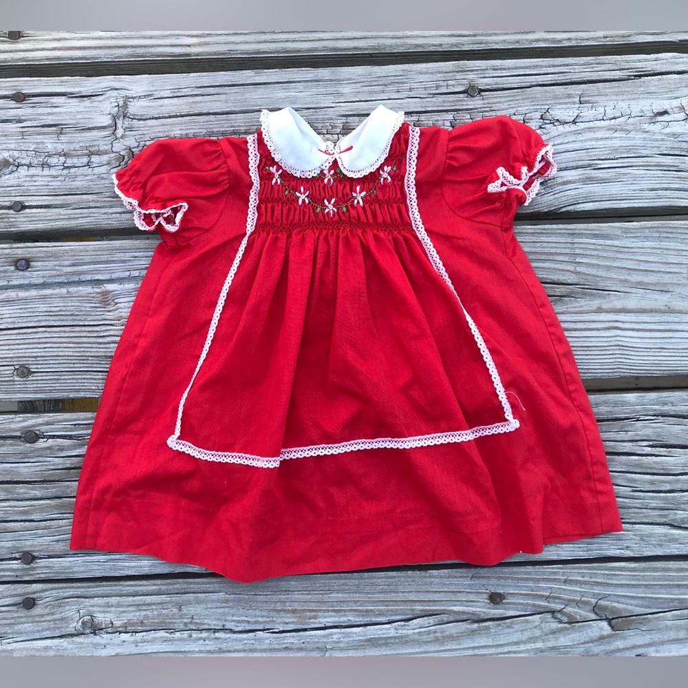 VINTAGE Carrousel 18m Red Hand Smocked Dress Baby Girls 80s Collar Dress